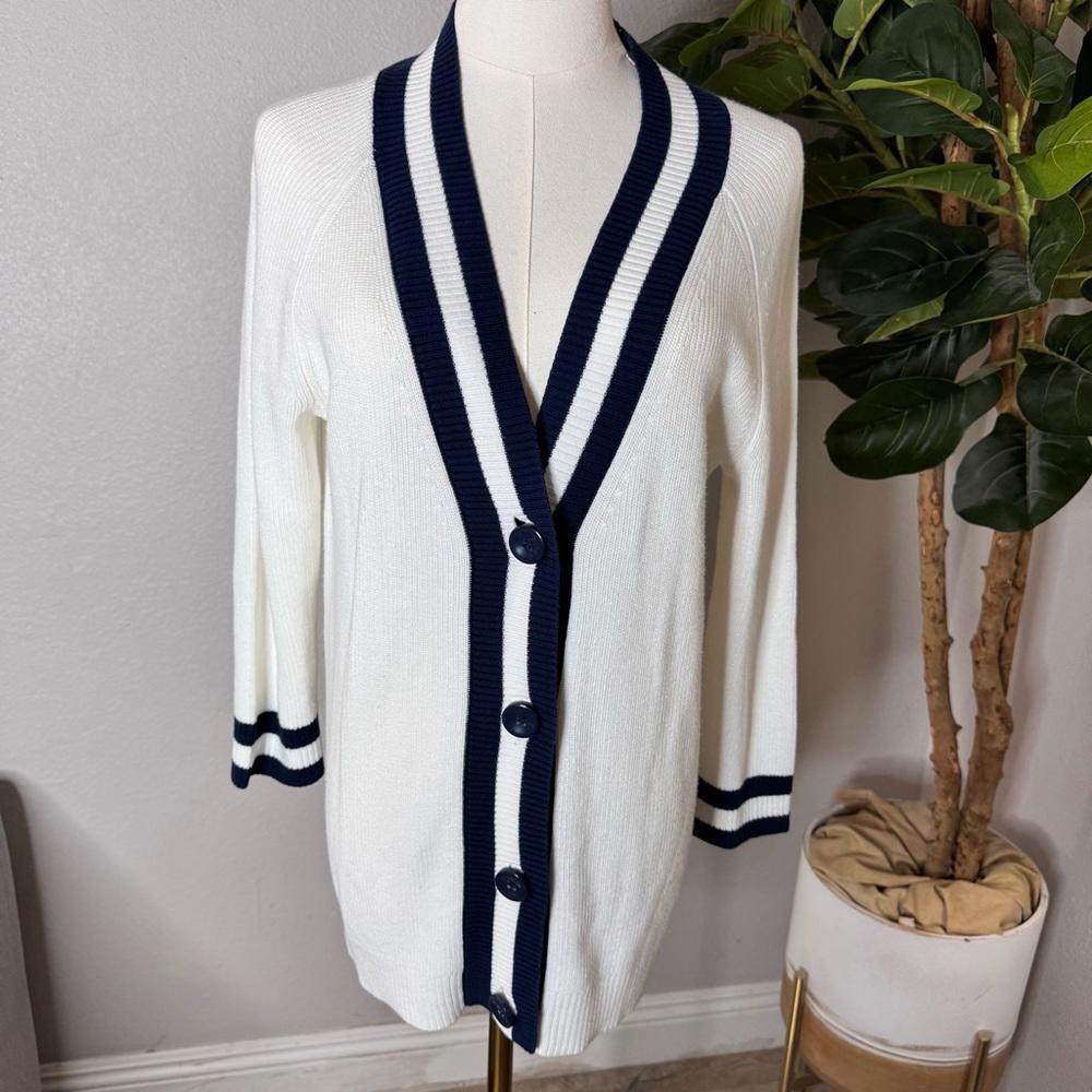 Laura‎ Scott Petite White Navy Blue Striped Cardigan Medium Preppy Coastal Beach